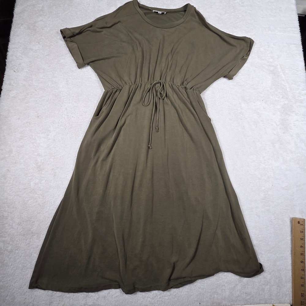 Downeast Midi Dress Women 1X Olive Green Drawstring Waist Pockets LD2547X